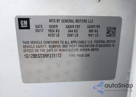 2017 Chevrolet Malibu Ls z USA, uszkodzony, nr VIN 1G1ZB5ST3HF278172